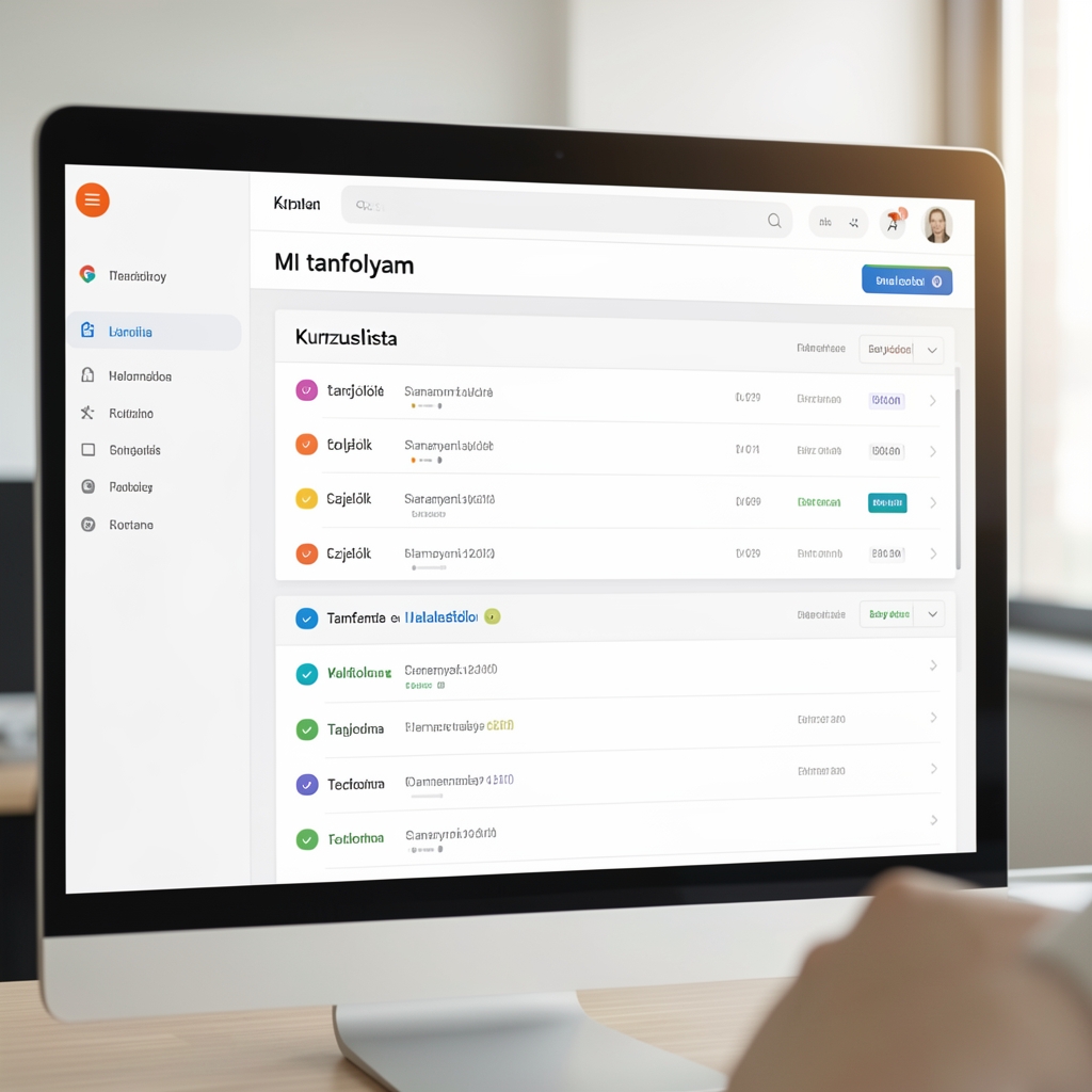 Tananyagrendszer képernyőn: MI tanfolyam kurzuslista szintjelölőkkel és haladási mutatóval modern online platform felületen