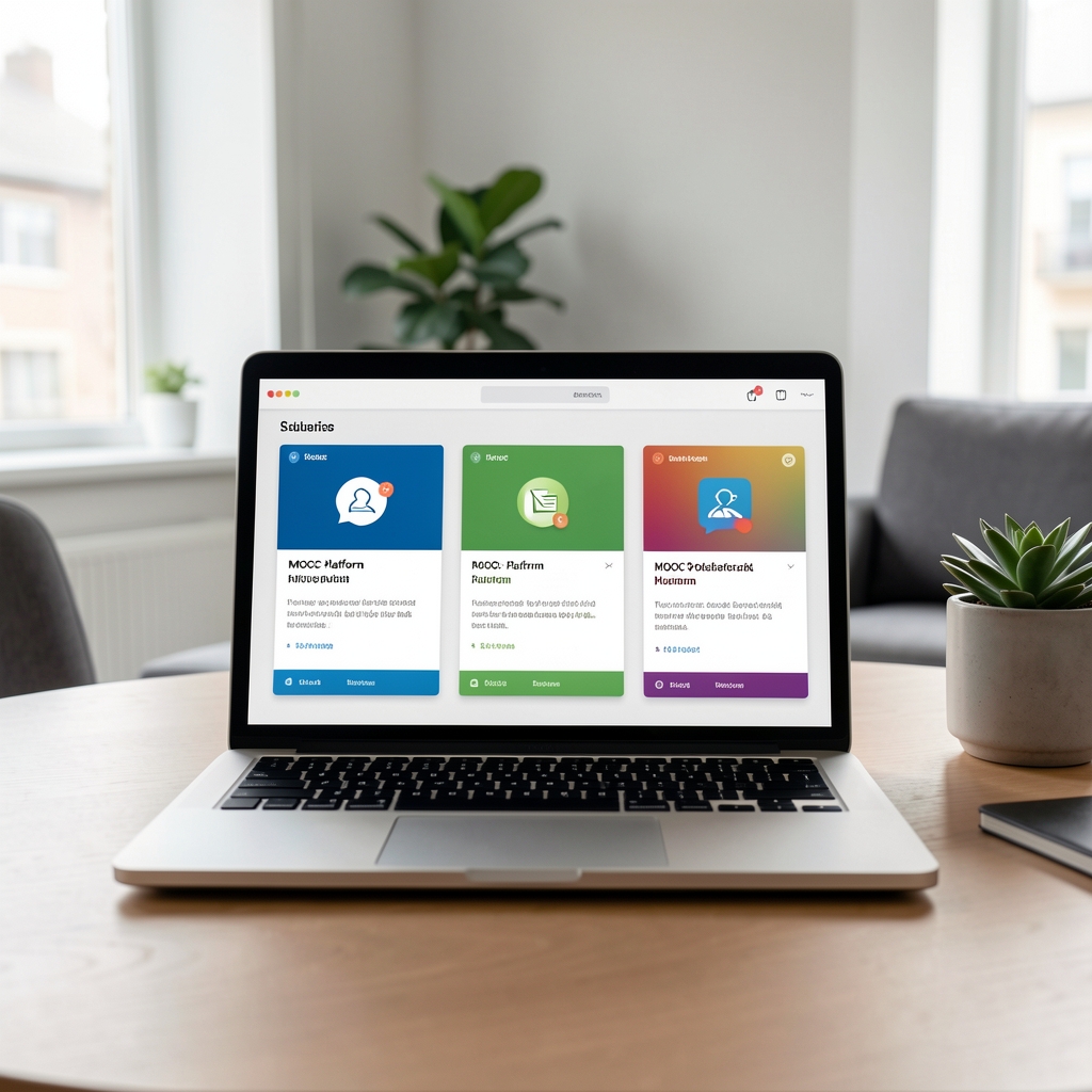 Több különböző online tanulási platform nyitóoldala képernyőn, Coursera, edX és Udemy oldalak egymás mellett