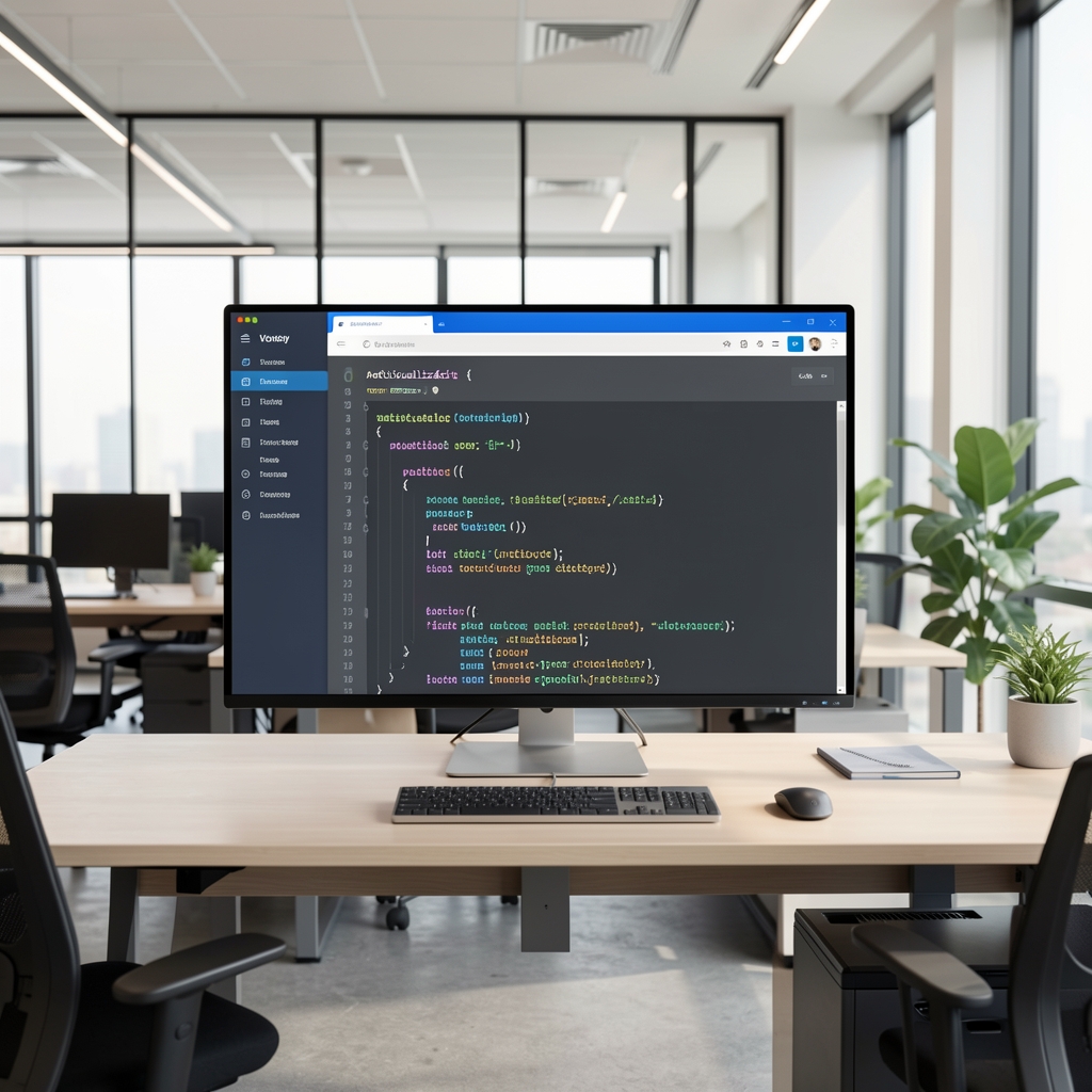 Adatvizualizáció dashboard képernyőn, Python kód az oldalán, modern tech irodai környezetben
