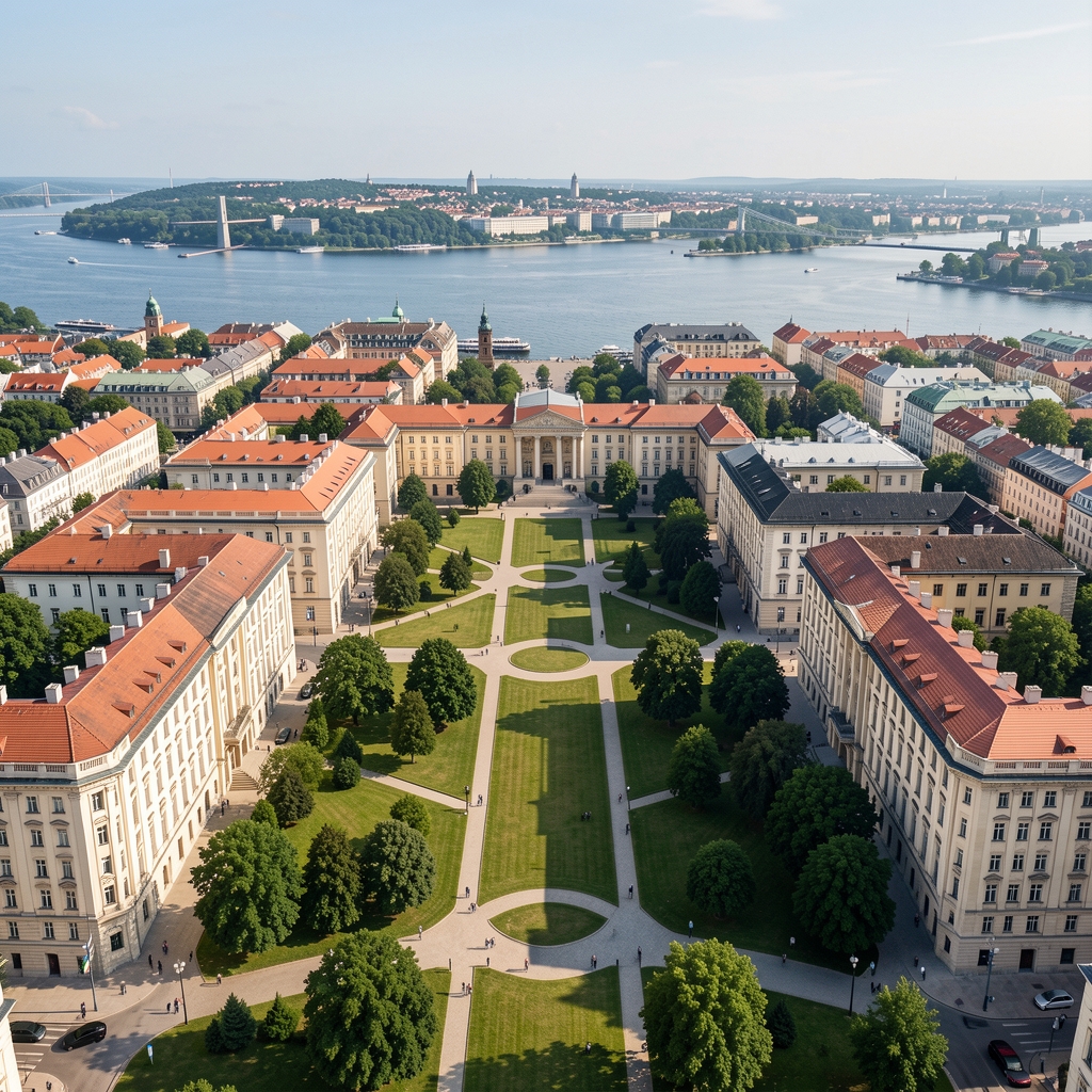 Budapesti egyetemi kampusz légifotója, szimmetrikus épületek és zöldfelületek, háttérben a Duna