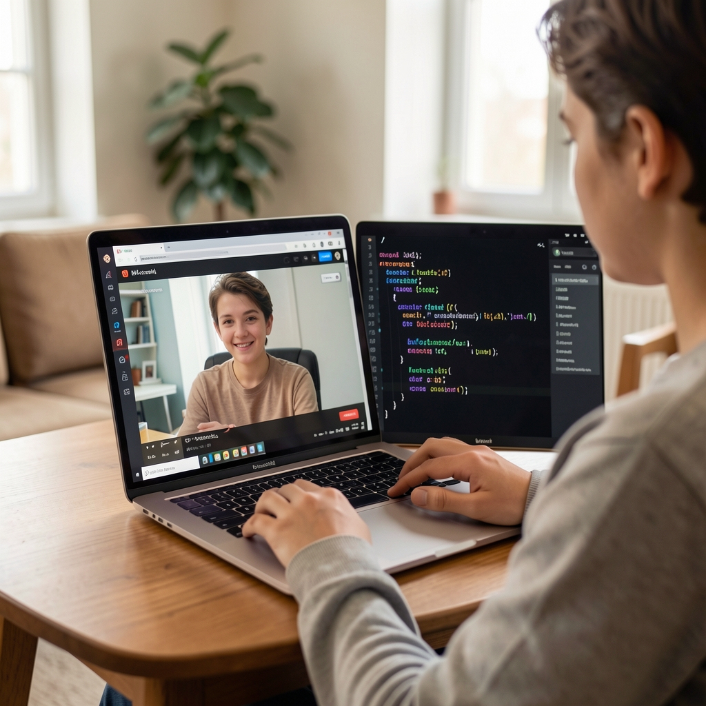 Tanuló személy laptopnál otthoni környezetben, képernyőn online MI-kurzus videója és Python kód egymás mellett