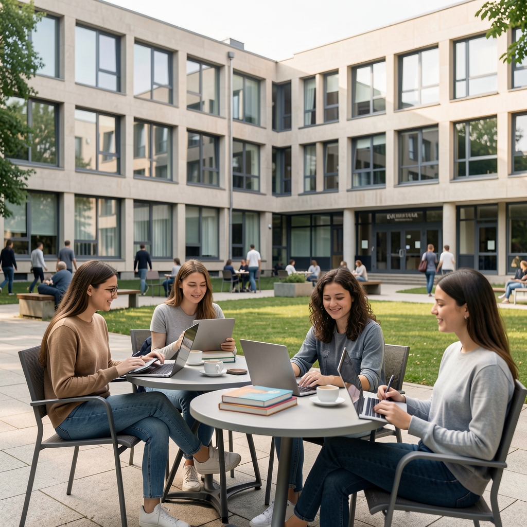 Magyar egyetemi campus modern kollégiummal és diákokkal szabadtéri kávézóban, laptopokat és tankönyveket tartva