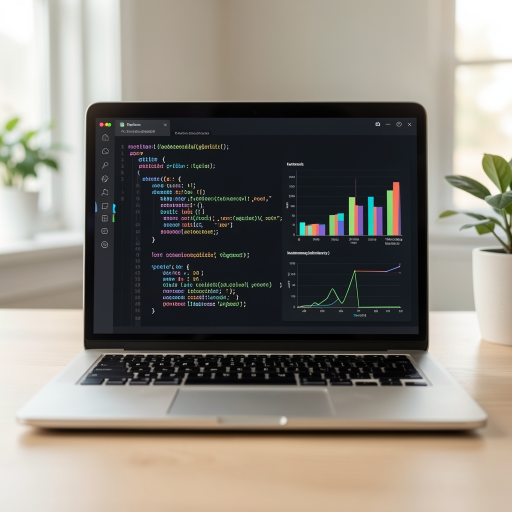 Laptop képernyőn gépi tanulási algoritmus Python kódsorok és adatmegjelenítési grafikonok láthatók