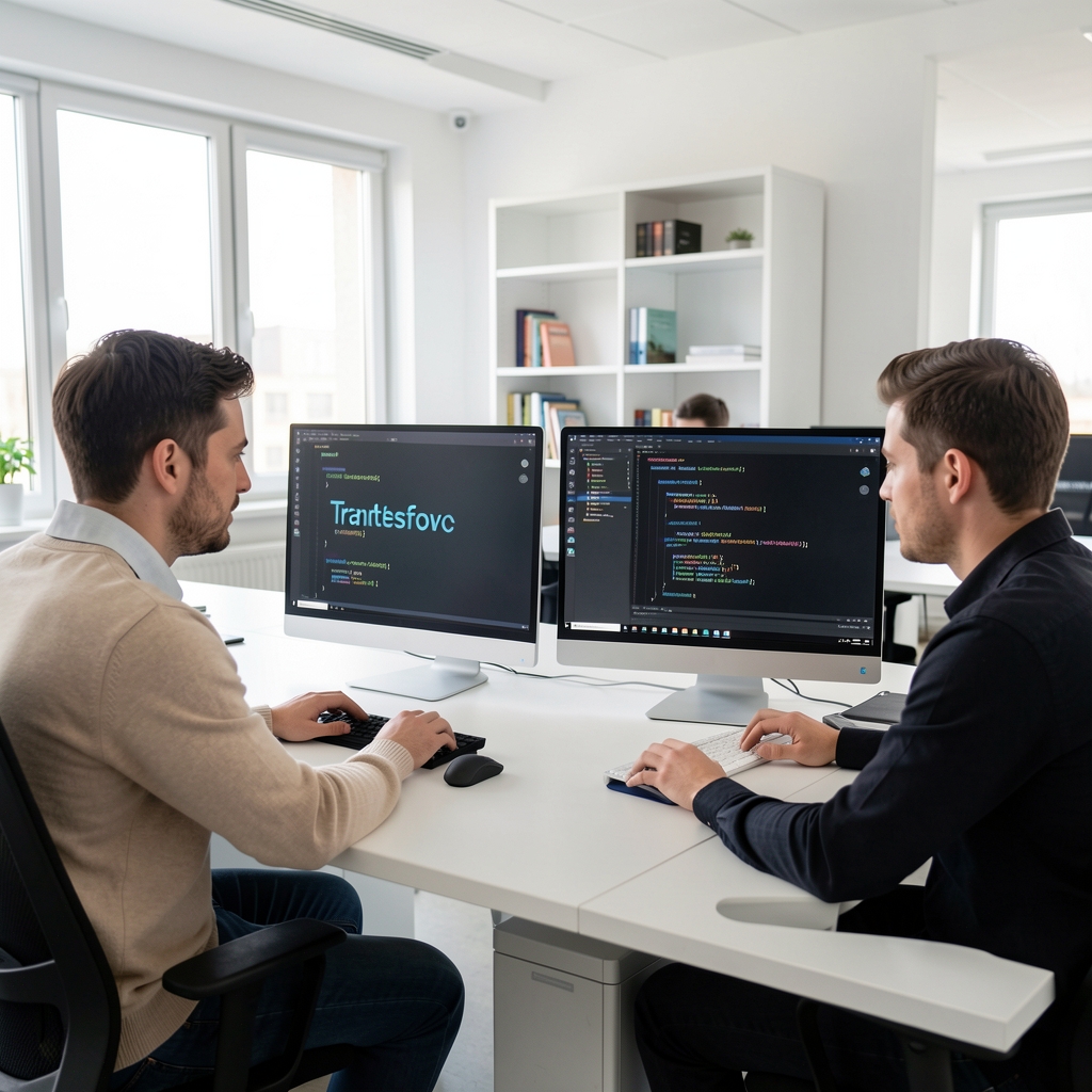 Két programozó monitor előtt ül, az egyiken TensorFlow, a másikon PyTorch kód látható, modern fehér irodai környezetben