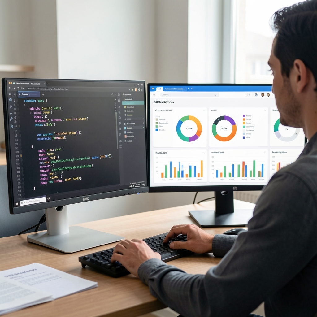 Adattudós több monitornál dolgozik: az egyiken Python kód, a másikon interaktív adatvizualizációs dashboard kördiagramokkal és hisztogramokkal