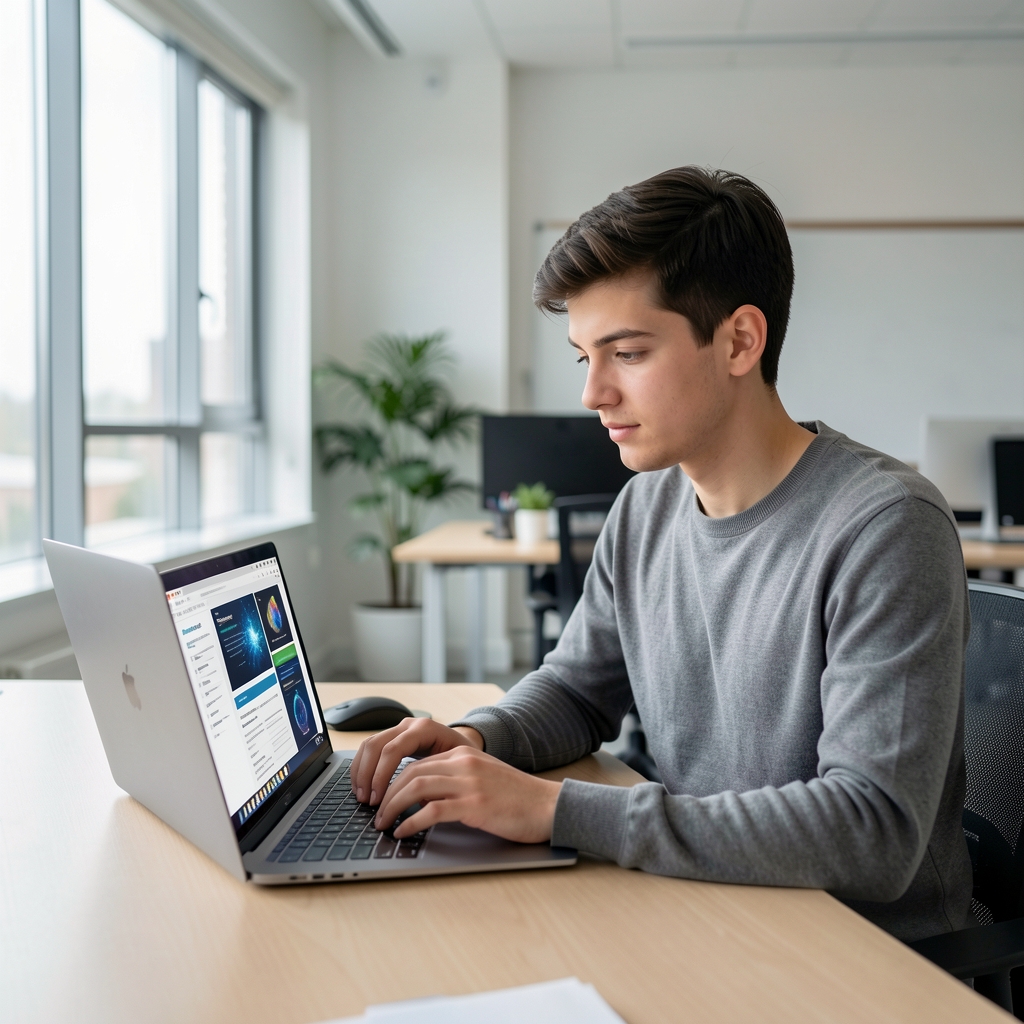 Fiatal szakember laptopot néz, mesterséges intelligencia képzési anyagokat tanulmányoz egy modern, világos irodában