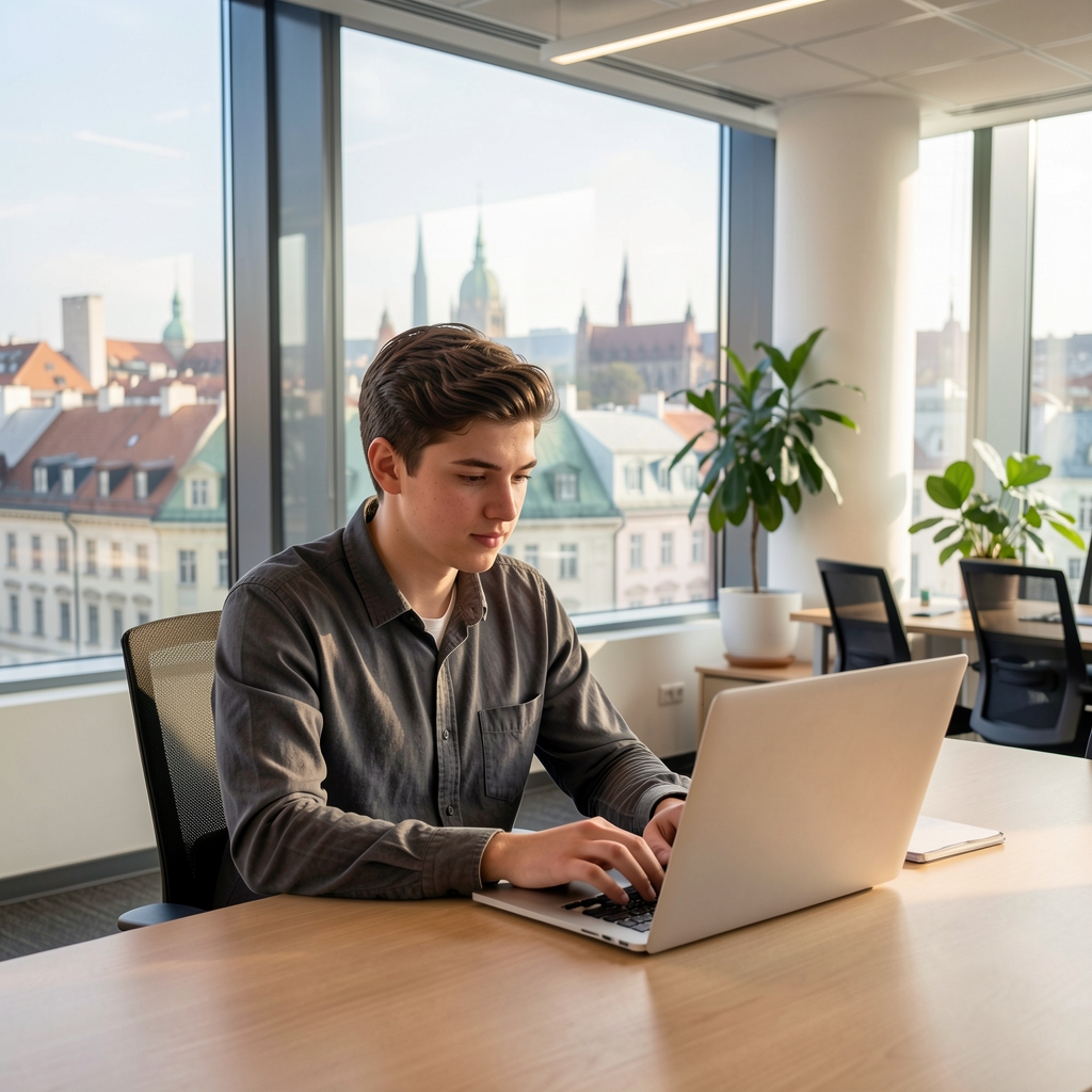 Fiatal adattudós laptopnál dolgozik modern budapesti irodában, hátterében Budapest panorámája látható
