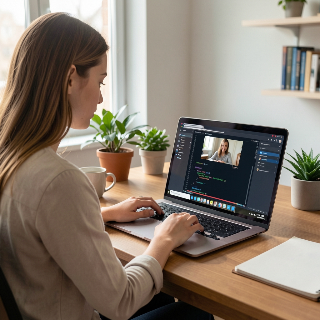 Fiatal nő otthoni irodában laptoppal online MI kurzust hallgat, a képernyőn Python kód és videólejátszó látható