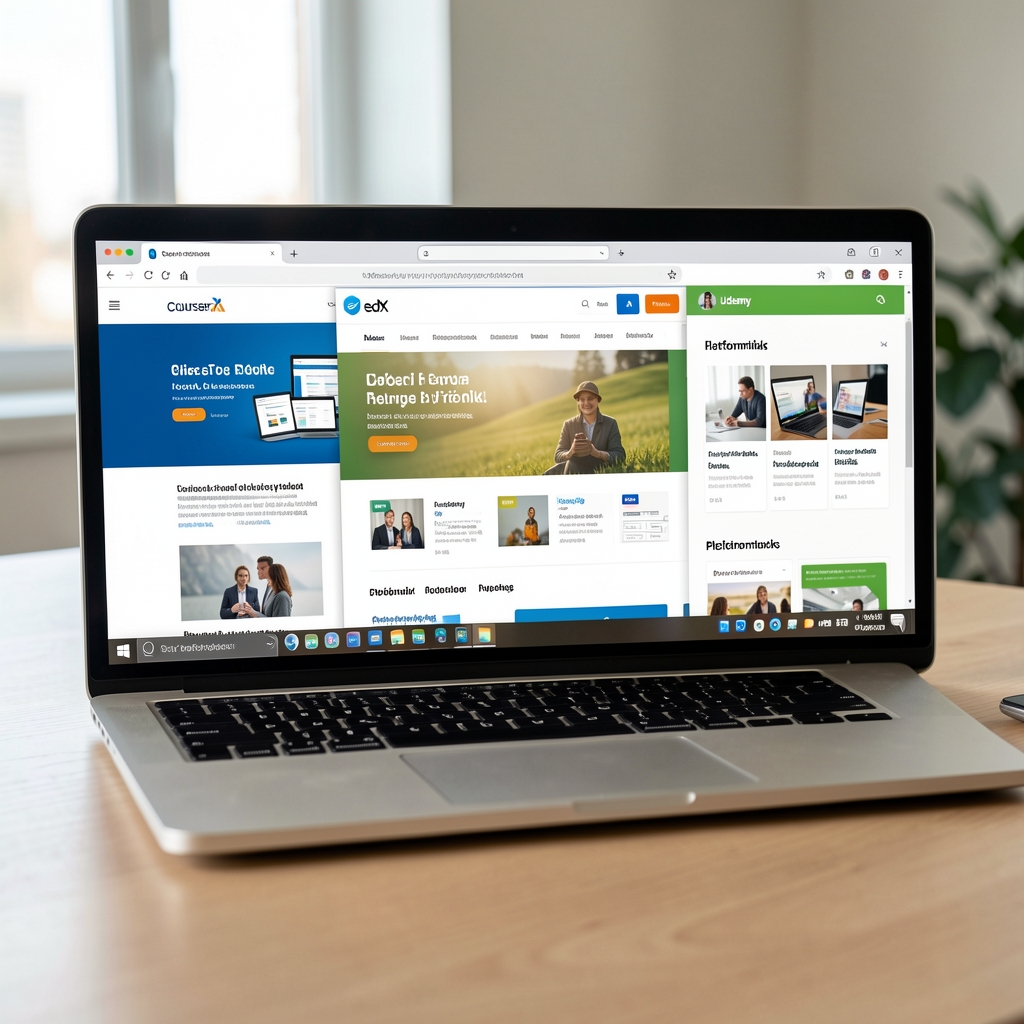 Több böngészőfül nyitva laptopon: Coursera, edX, Udemy és Google Learn platformok nyitóoldalai egymás mellett modern asztalon