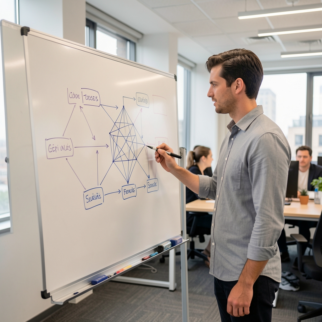 Gépi tanulás mérnök neurális háló architektúrát rajzol whiteboardra egy agilis fejlesztői irodában
