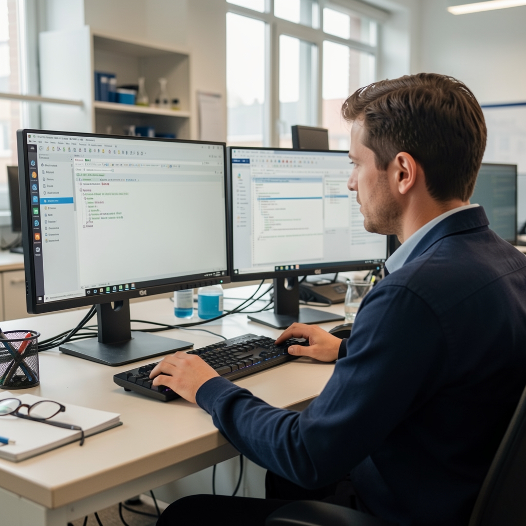 NLP-kutató szövegadatokat elemez és nyelvi modelleket finomhangol egy kutatólaborban dual-monitor beállítással