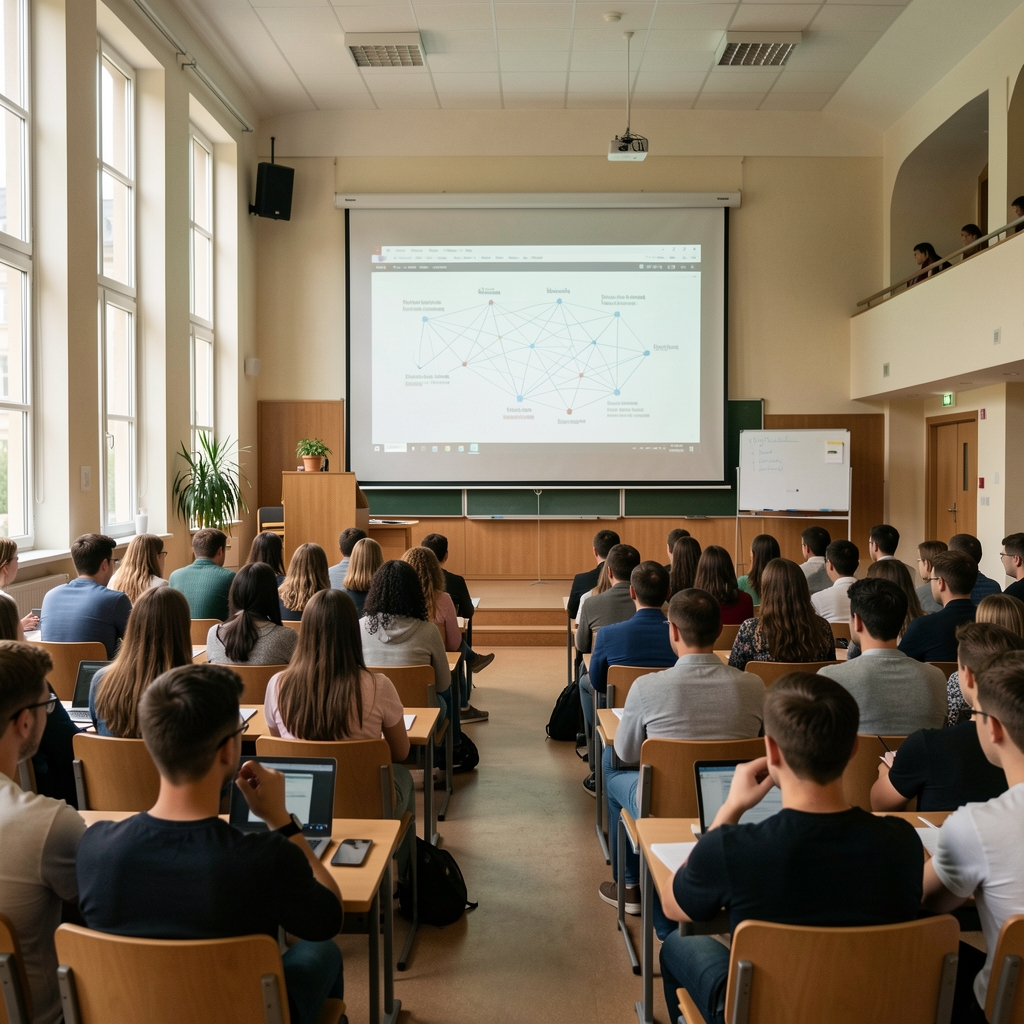 Magyar egyetemi épület előadóterem, ahol hallgatók mesterséges intelligencia előadáson vesznek részt, a vetítővásznon neurális hálózat diagram látható